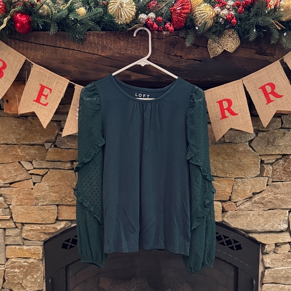 LOFT Dark Green Blouse with Ruffle Accents